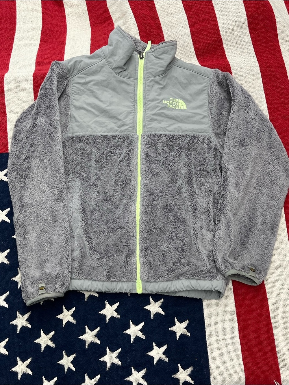 The North Face Gray Fuzzy Puffer Jacket with Neon Zipper Girls Size 10/12